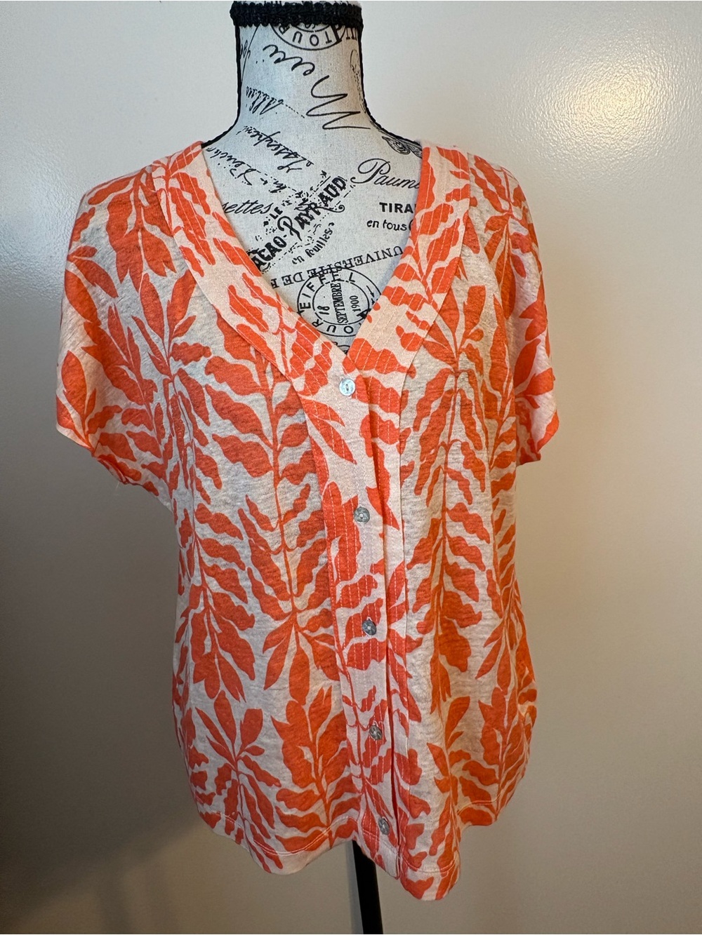 Rachel Zoe Orange Leaf-Print Button Front Top